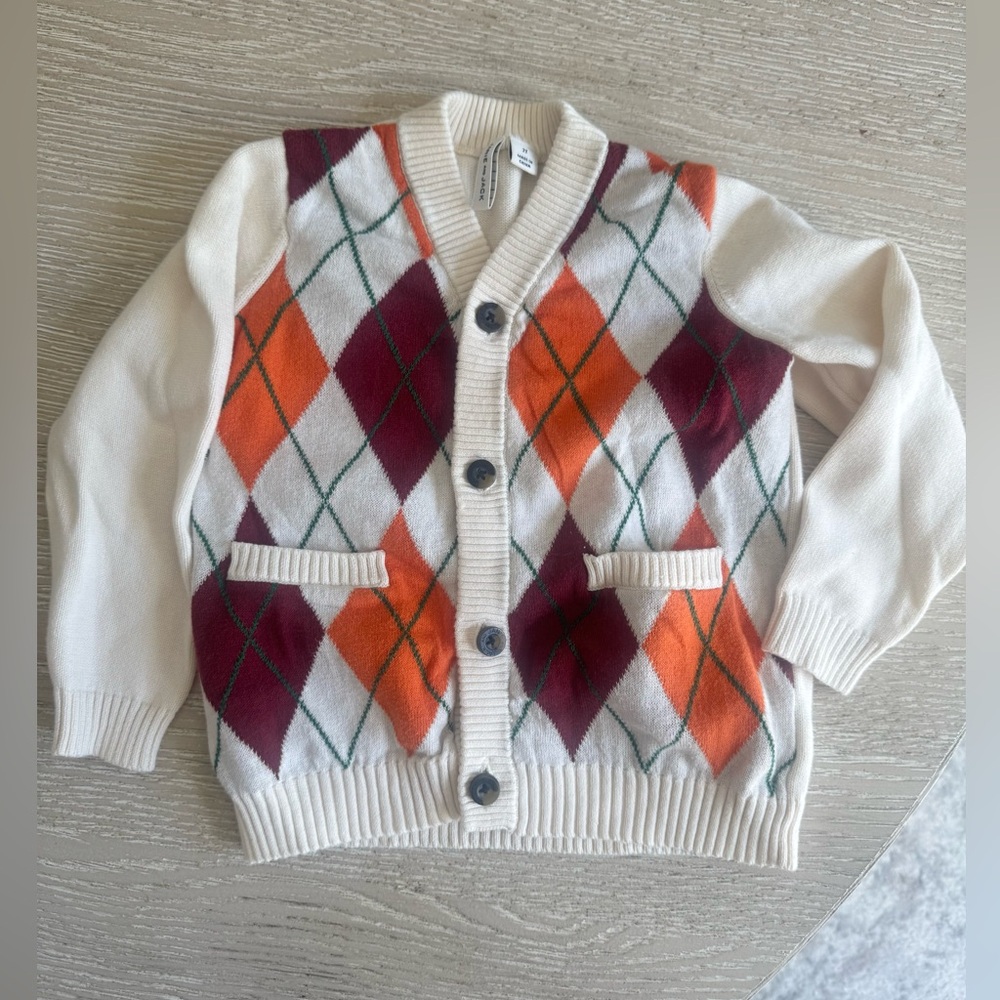 Janie and Jack Cream Burgandy and orange argyle cardigan, 2t
